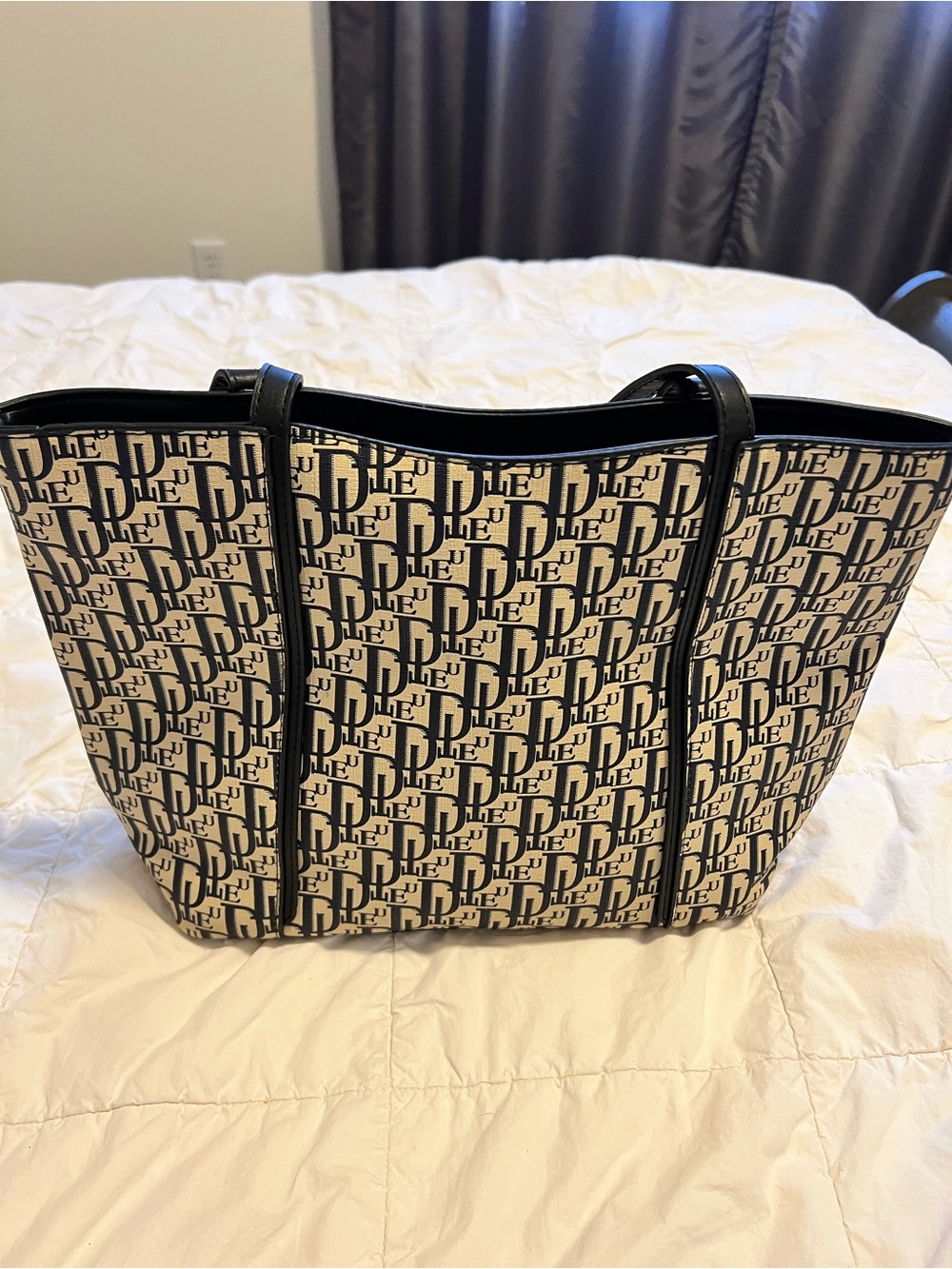 Monogram Pattern Shoulder Tote in Black and Cream